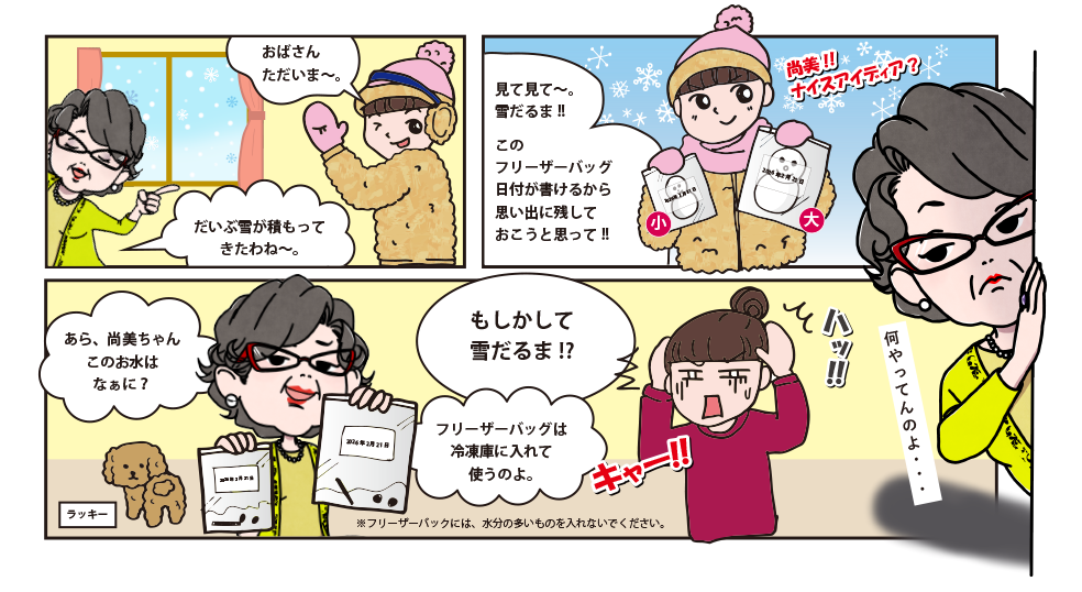 今年最後の雪かも知れないので、雪だるまを作ってフリーザーバッグに入れたはいいが、冷凍庫に入れ忘れて溶けちゃったちゃった尚美のマンガ